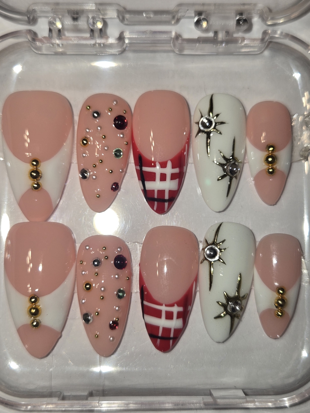 Hand Crafted Pink, White & Red Embellished Stiletto Press-On Nails
